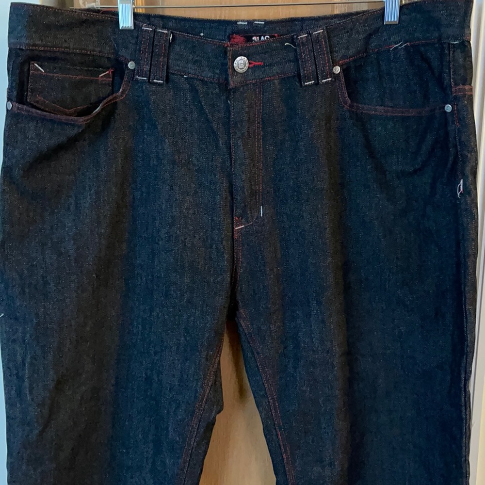 Black jeans with red thread and seams